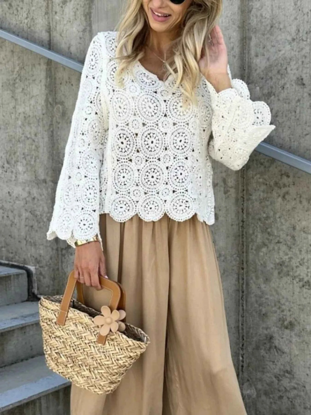 Crochet Lace V-Neck Bell Sleeve Knit Top 49307bd0-bcff-43b7-9ad6-a5c1cae64b34-Max-Origin