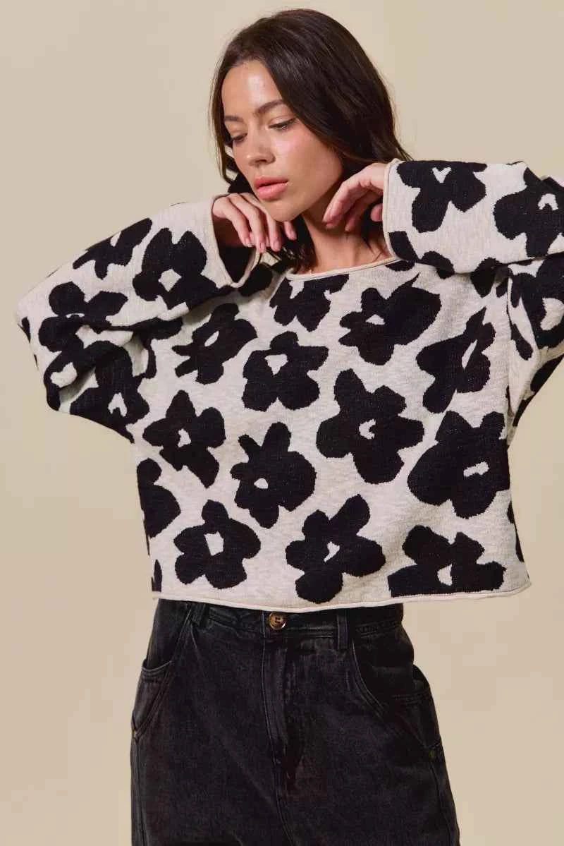 SO ME Loose Fit Flower Lightweight Sweater Top 49382f9883154850b8002b270daed4ce-Max-Origin