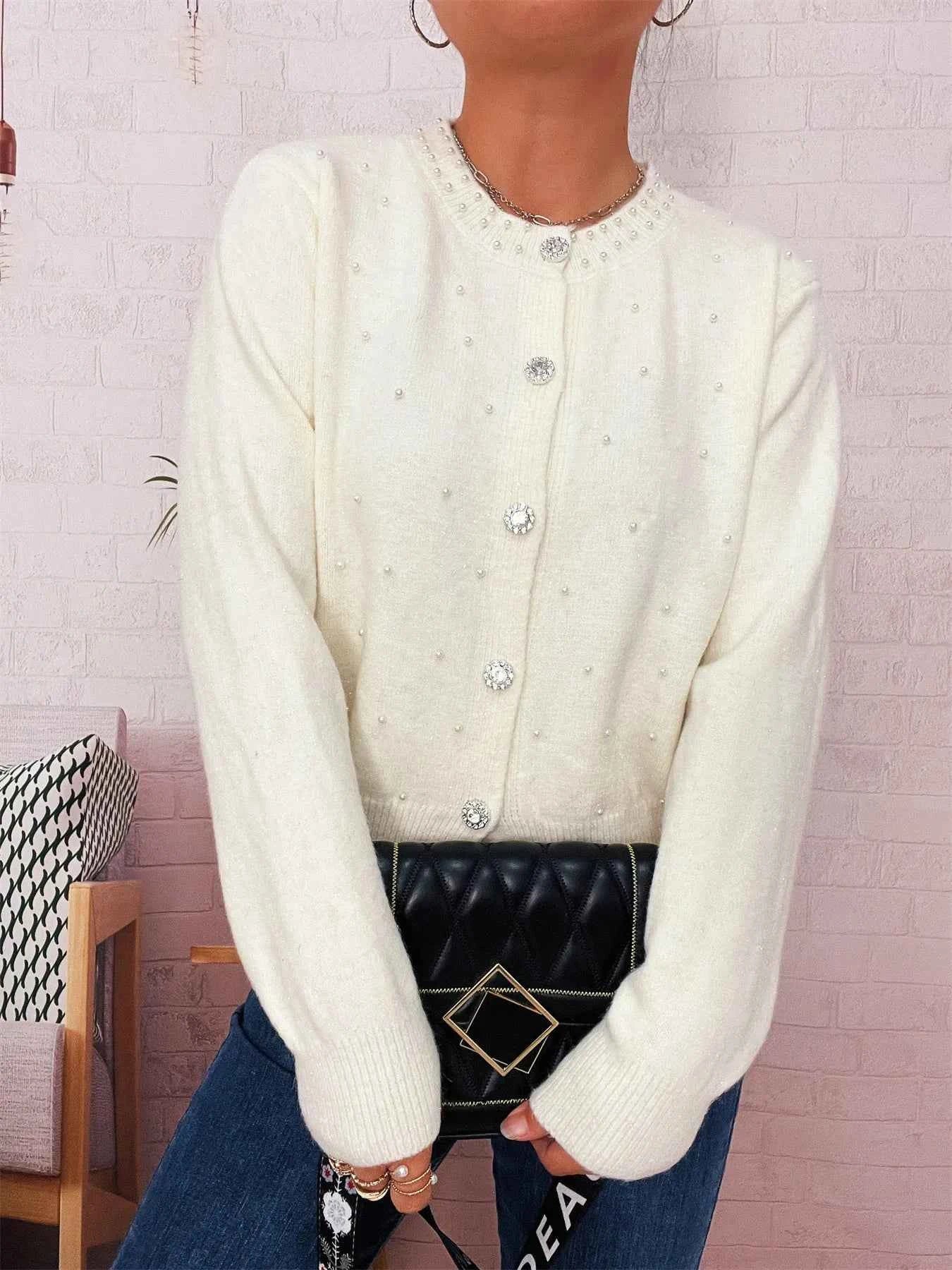 Pearl Detail Button-Front Cardigan 493e670e71594055a17ca950295061d7-Max-Origin
