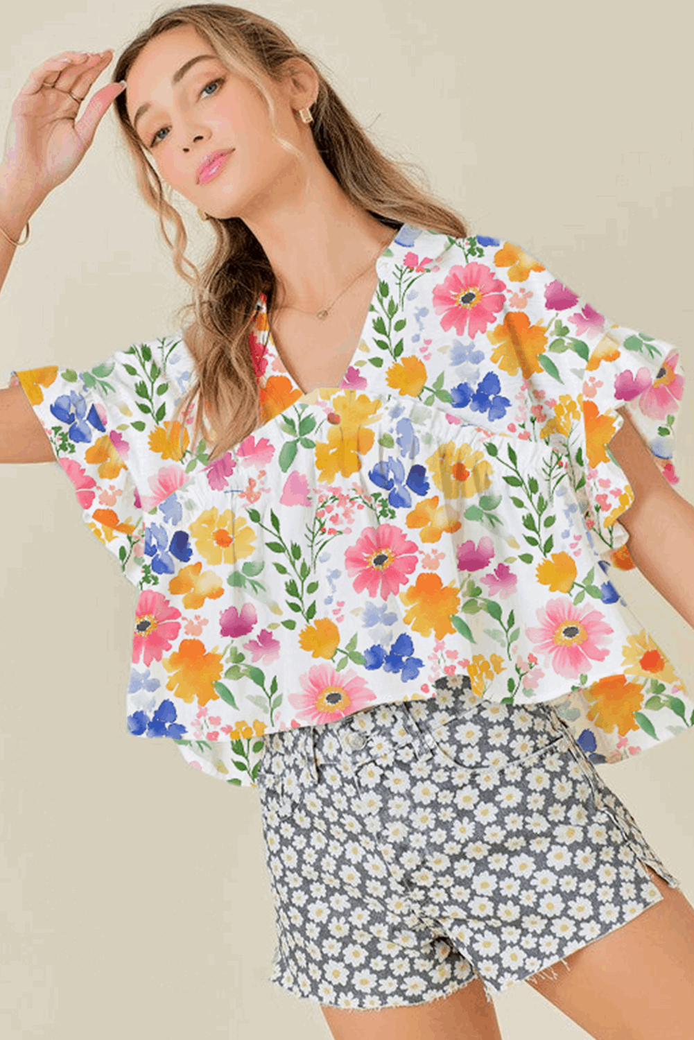 Yellow Allover Floral Print Boxy Fit V Neck Blouse 49408b725ce71011-_3