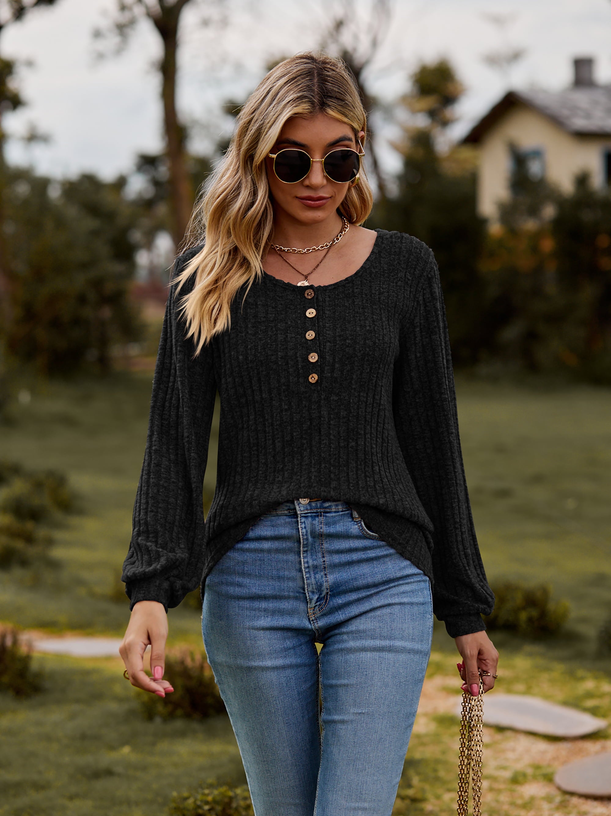 Round Neck Button-Down Long Sleeve Tee 494148ef5fbf403395530adb587fa091-Max