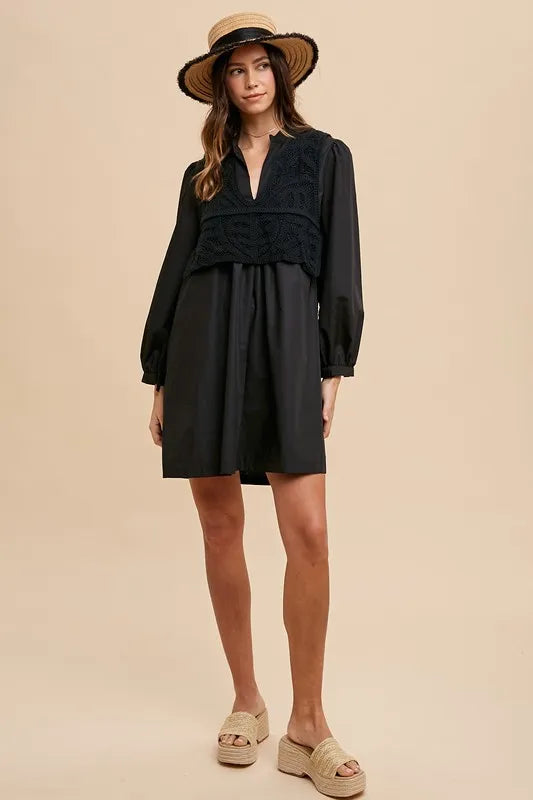 Annie Wear Crochet Vest Notched Long Sleeve Shirt Dress 49467e04-1a2c-4abd-aed0-d061304f83ba-Max