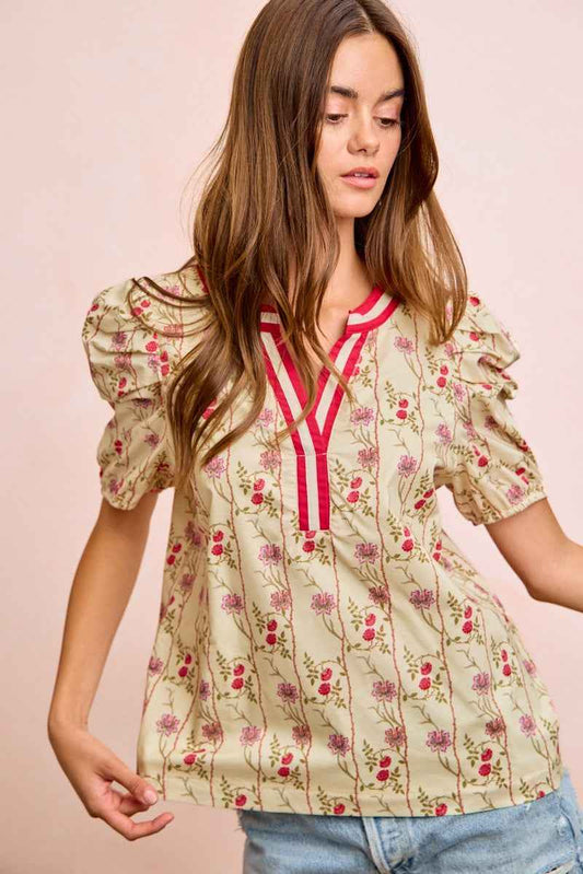 Floral Gather Sleeves Contrast Neckband Blouse Top 494800e017ad4e94b617a5cb6b7045dc-Max