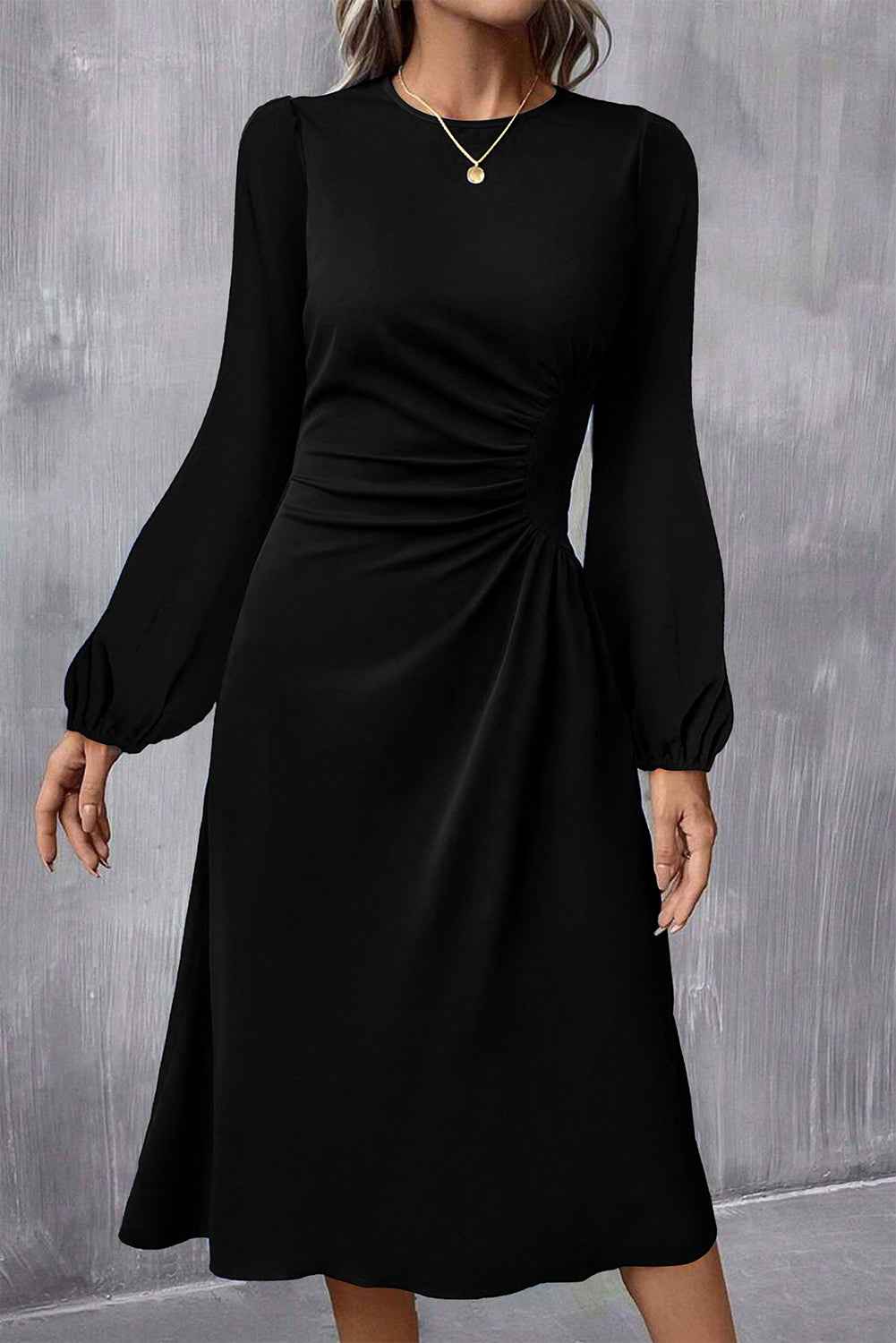 Fiery Red Solid Color Ruched Detail Long Sleeve Midi Dress Black 50%Viscose+45%Polyester+5%Elastane 494935371e18b45d