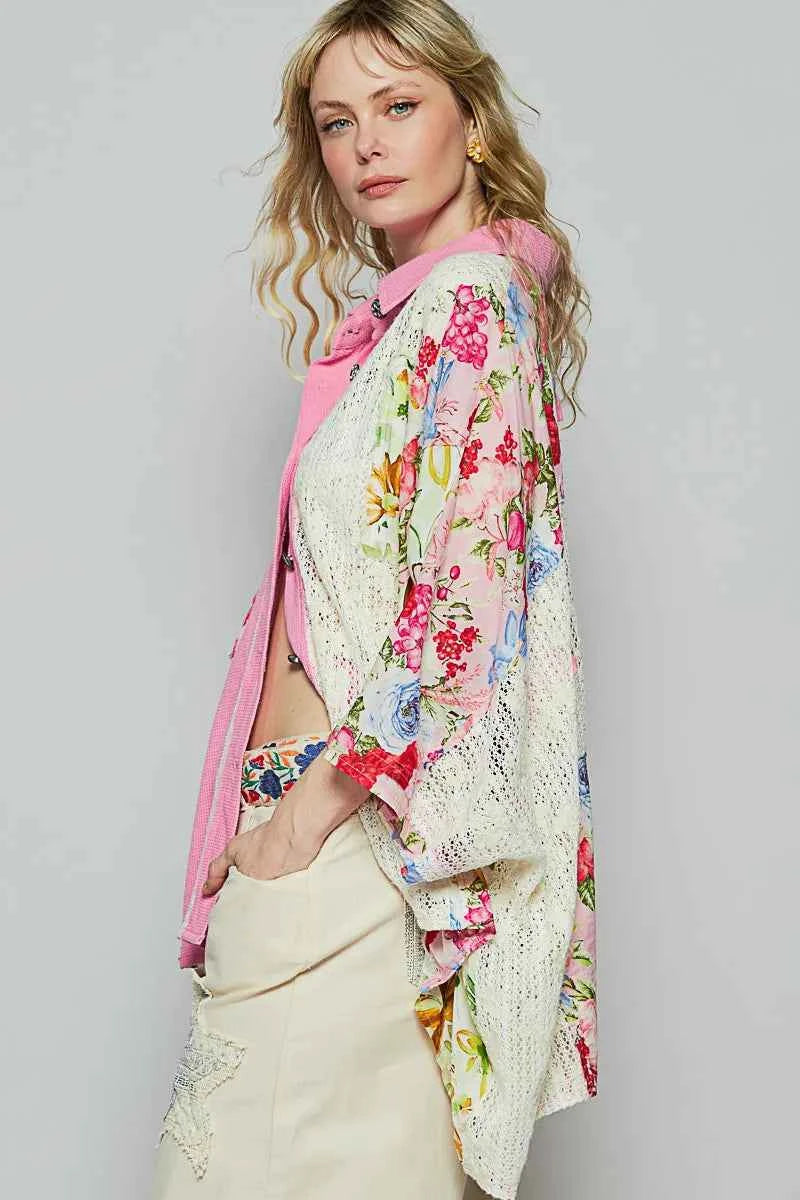 POL Thermal and Crochet Lace Mix Shirt with Floral Pattern