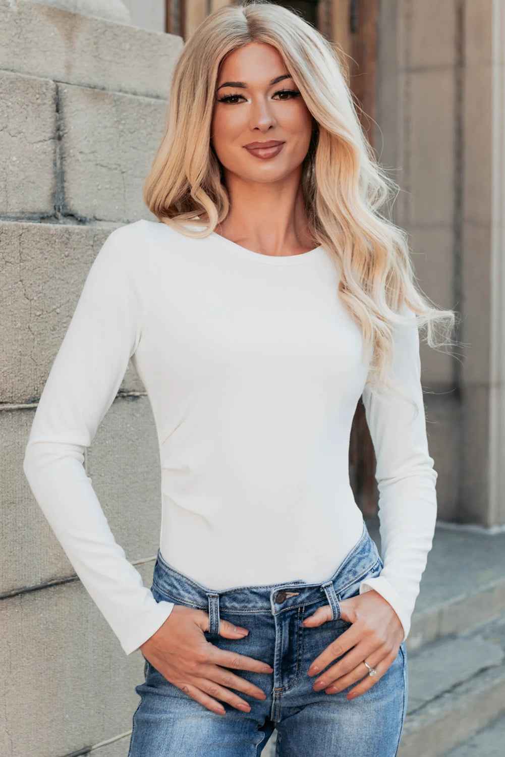 Mineral Red Ribbed Long Sleeve Crew Neck Solid Color Bodysuit 494e948f40835abf