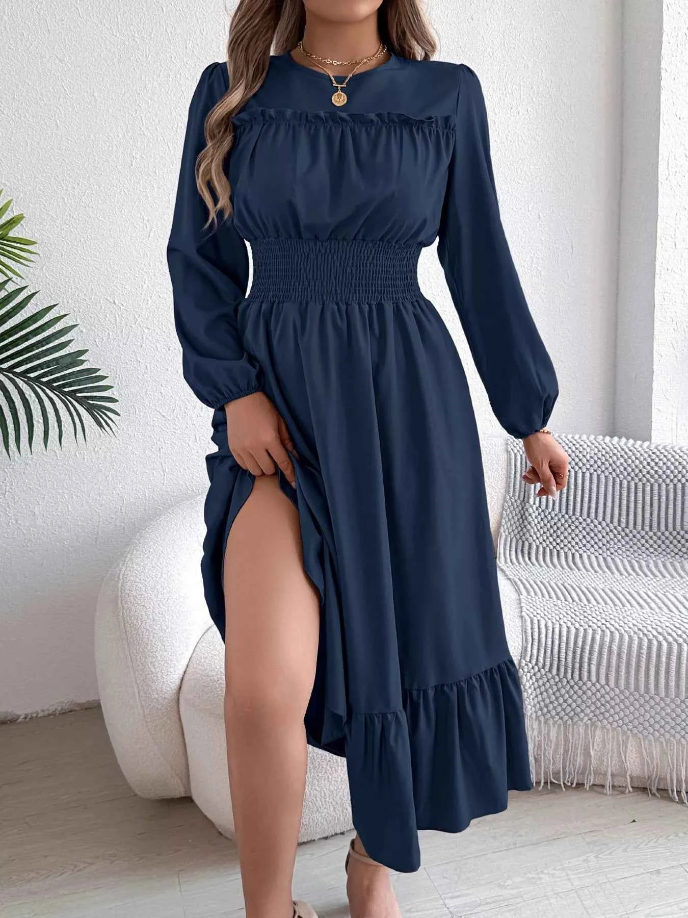 Round Neck Balloon Sleeve Tiered Dress 4951866fed2e4507be788542565b4b55-Max-Origin