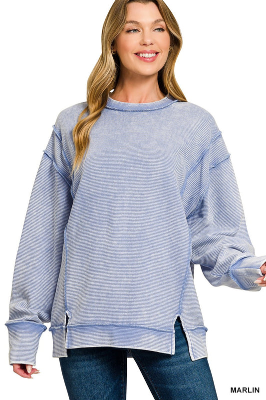 Zenana Acid Washed Double Ribbed Exposed-Seam Sweatshirt MARLIN 4956a03152b54d31a126bcdec3be38a9-Max