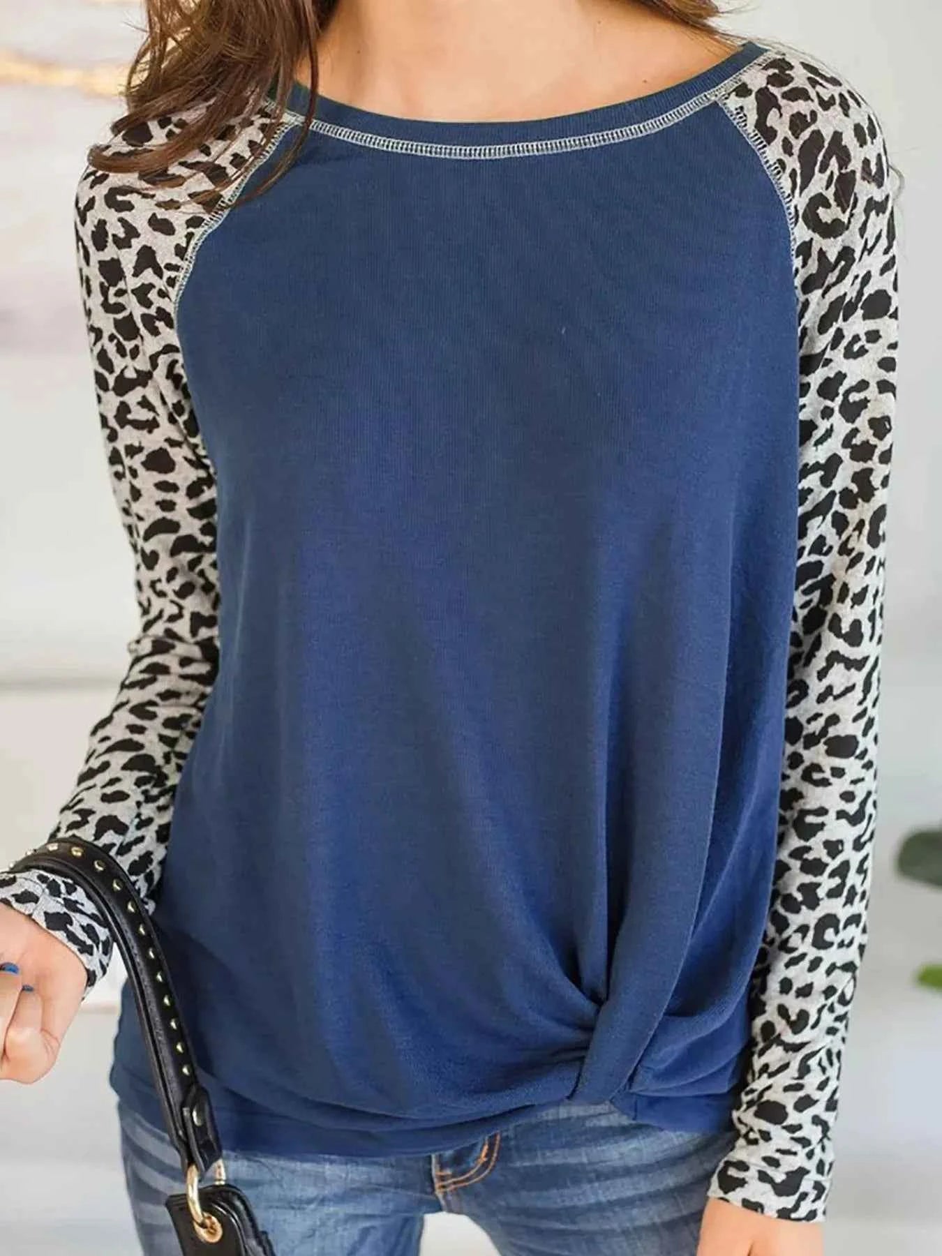 Leopard Print Raglan Sleeve Twist Hem T-Shirt