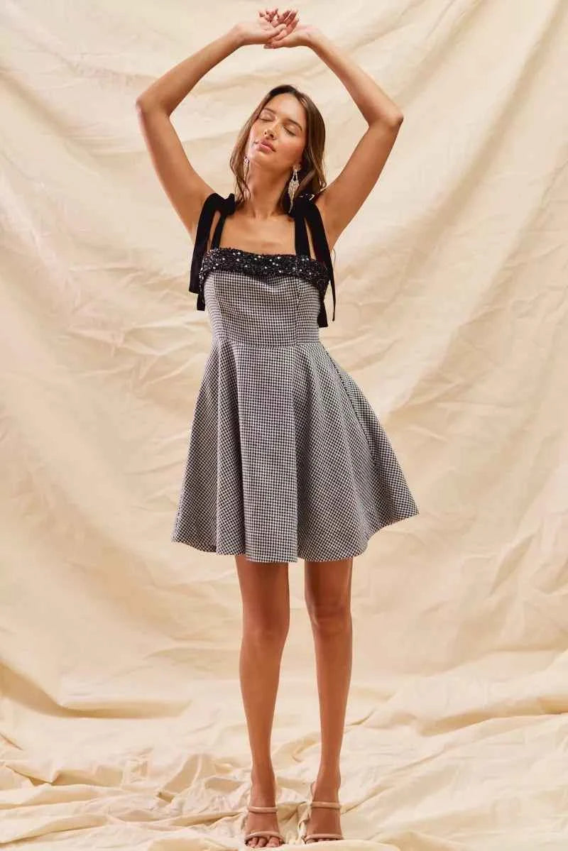 SO ME Houndstooth Fit Flare Mini Dress with Shoulder Tie 495a7d4010034ed7aab2709bbff20b0c-Max-Origin