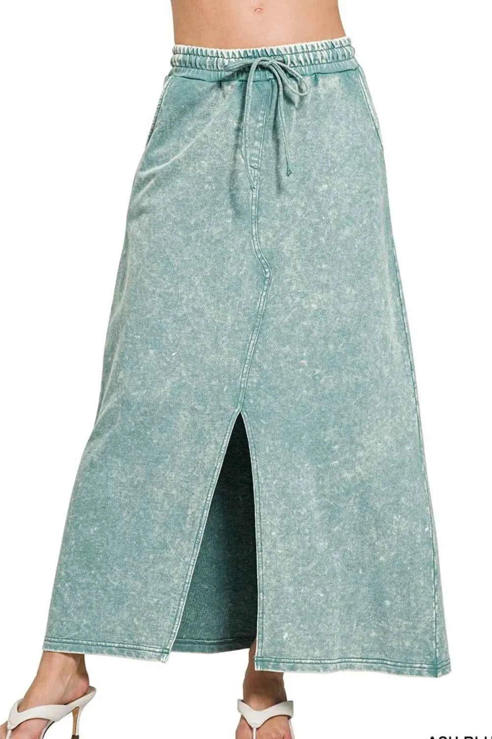 Zenana French Terry Acid Washed Front Slit Long Skirts ASH BLUE 495f4abf-5f90-4b50-b1cd-05d430bd592d-Max-Origin