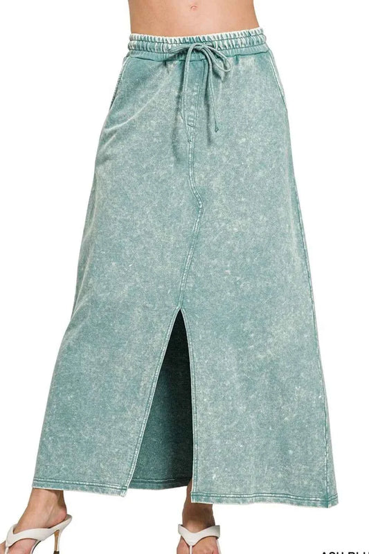 Zenana French Terry Acid Washed Front Slit Long Skirts ASH BLUE 495f4abf-5f90-4b50-b1cd-05d430bd592d-Max-Origin