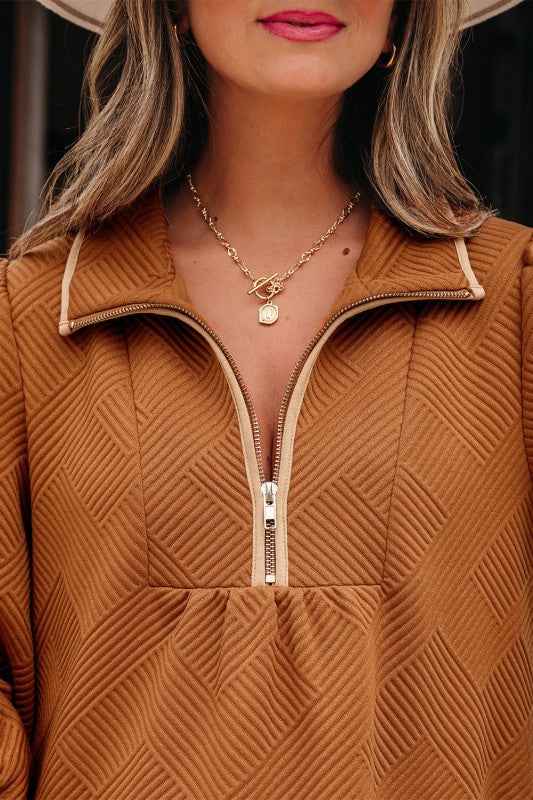 Textured Quarter Zip Collar 3/4 Sleeve Mini Dress 49627c6a-abf5-42fe-8c47-2dc7881b2c61