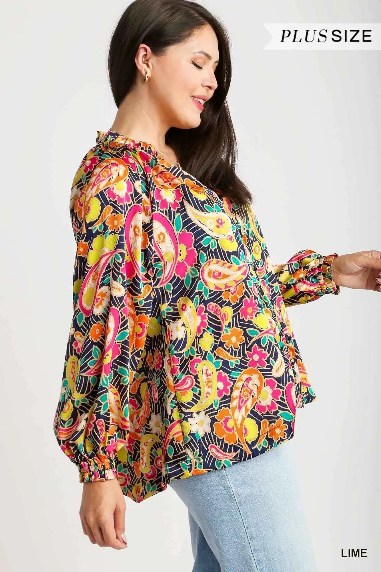 Umgee Full Size Satin Paisley Ruffle Neck Button-Up Shirt Plus Size 49667216-60c9-41dd-920d-9da496e8c187-Max-Origin
