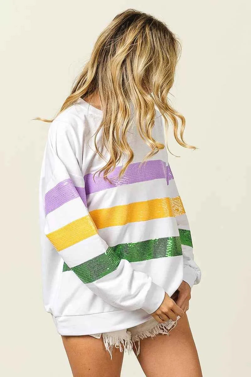 BiBi Sequin Mardi Gras Striped Round Neck Sweatshirt 496f579f2a76423b9ded8220ca70d12f-Max-Origin