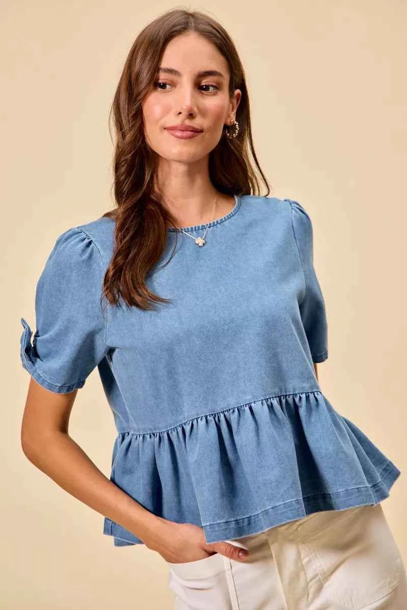 SO ME Denim Bow Detail Short Sleeves Peplum Top 496feac13682415baab979f744f20d98-Max-Origin