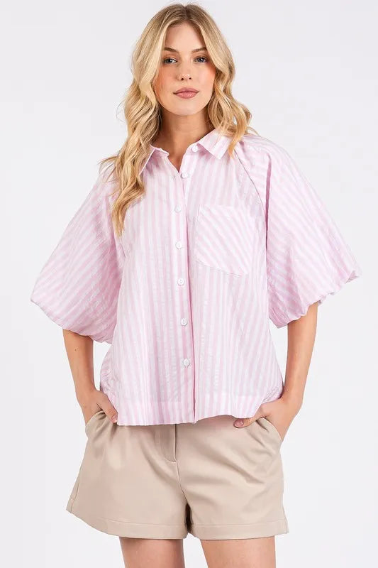 Mittoshop Button Down Striped Puff Sleeve Shirt Pink 4970ceac-4bd5-4f36-b732-9eaffbe3a23c-Max