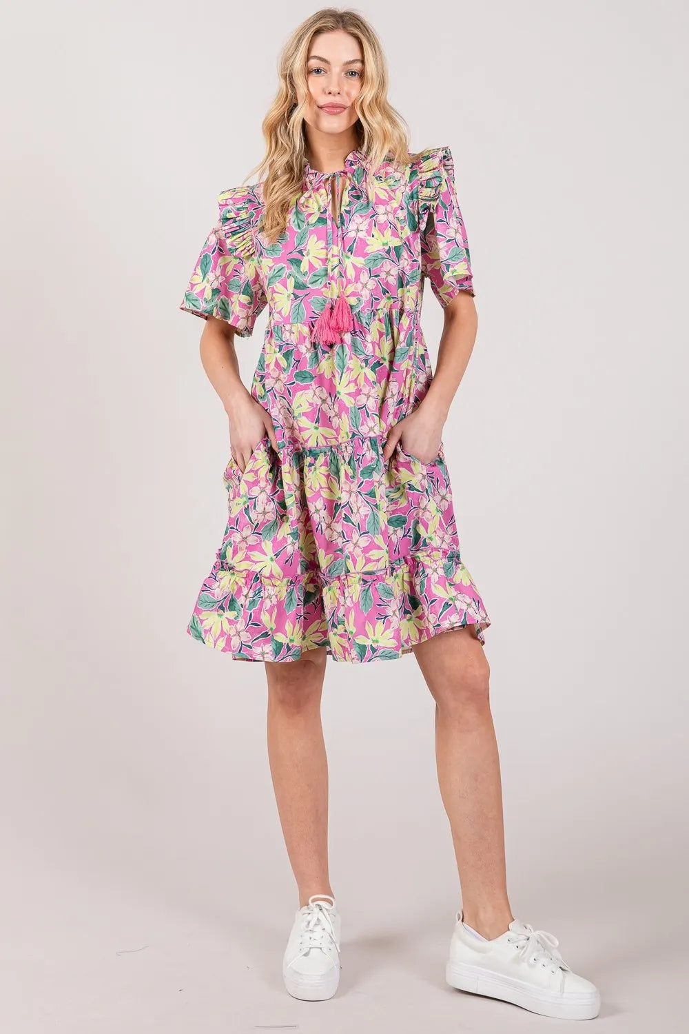 SAGE + FIG Floral Ruffle Short Sleeve Dress 497400af-a9a8-4728-a0d4-b3b9dbea2730-Max