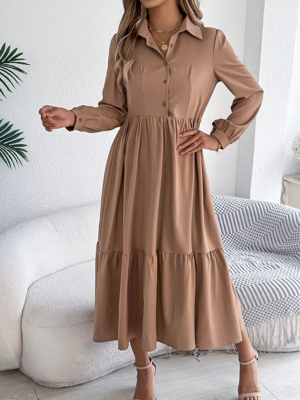 Long Sleeve Tiered Button Front Midi Dress 49742c77fea94077ad047139000944f0-Max-Origin