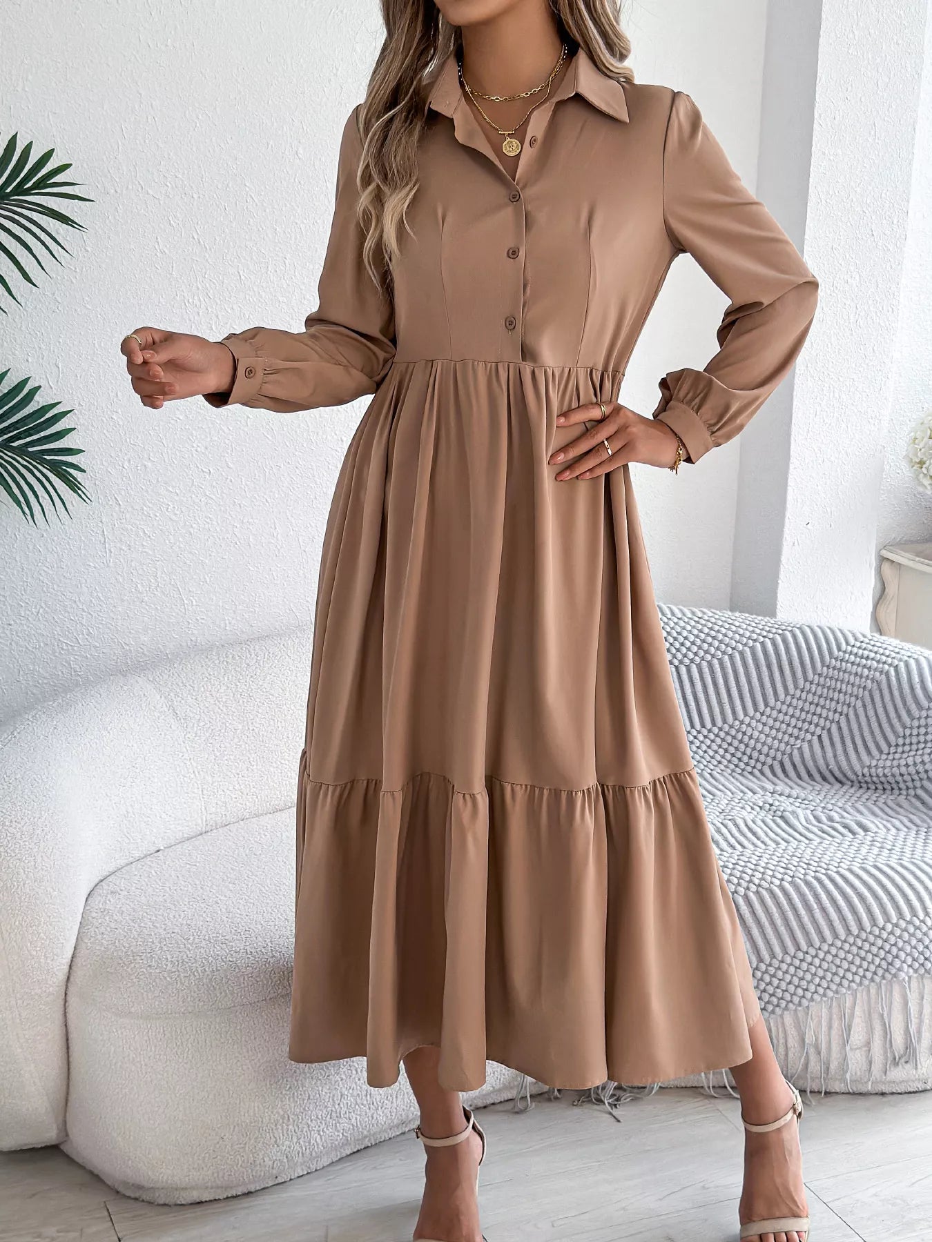 Long Sleeve Tiered Button Front Midi Dress 49742c77fea94077ad047139000944f0-Max-Origin