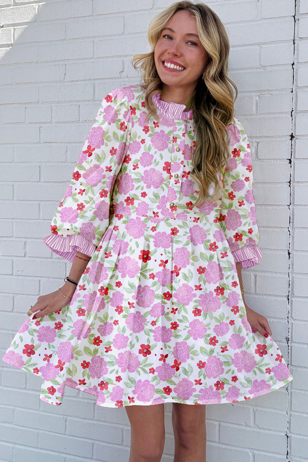 Pink Floral Print Striped Trim Flowy Mini Dress 4974f76a940220d6
