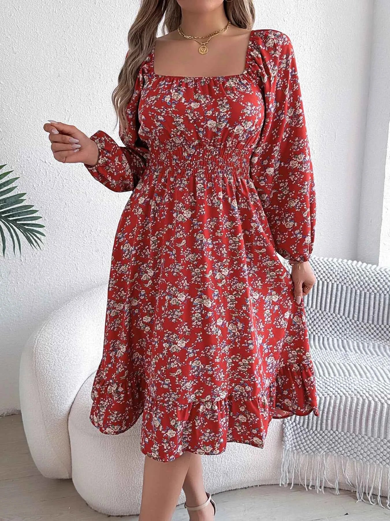 Floral Print Long Sleeve Square Neck Midi Dress Red 497a3484a714428f914a1cd365ddbfa0-Max-Origin