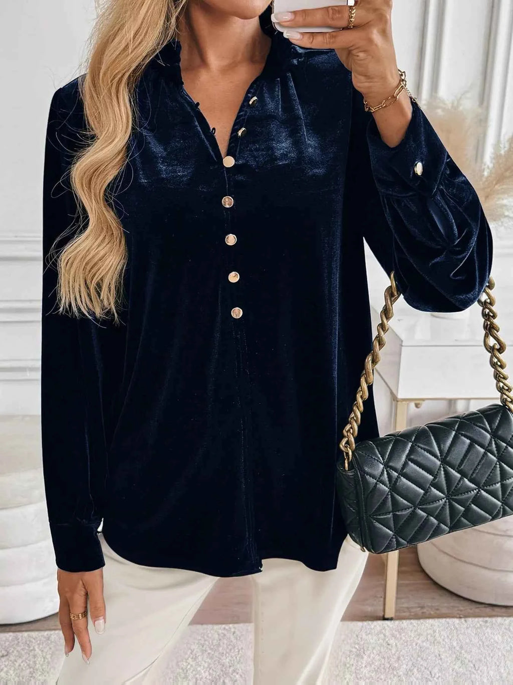 Velvet Button Front Long Sleeve Blouse 497d9fef68f14b8aad852a713610a7e2-Max-Origin