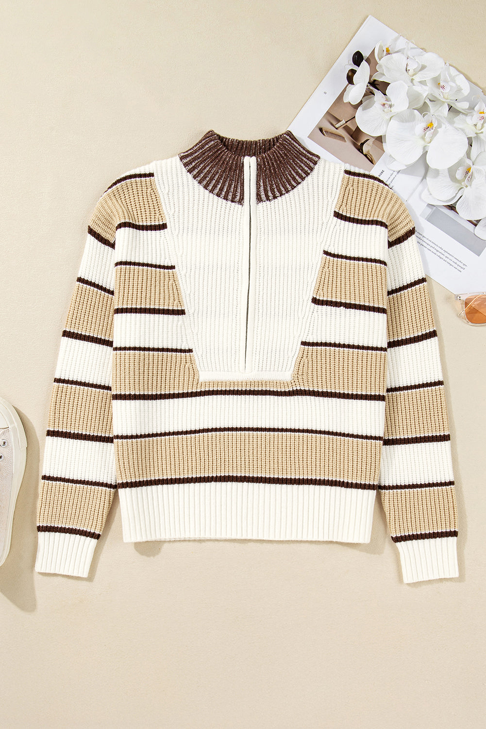 Khaki Striped Colorblock Zip Neck Knit Sweater 4981cc34059f5fe5