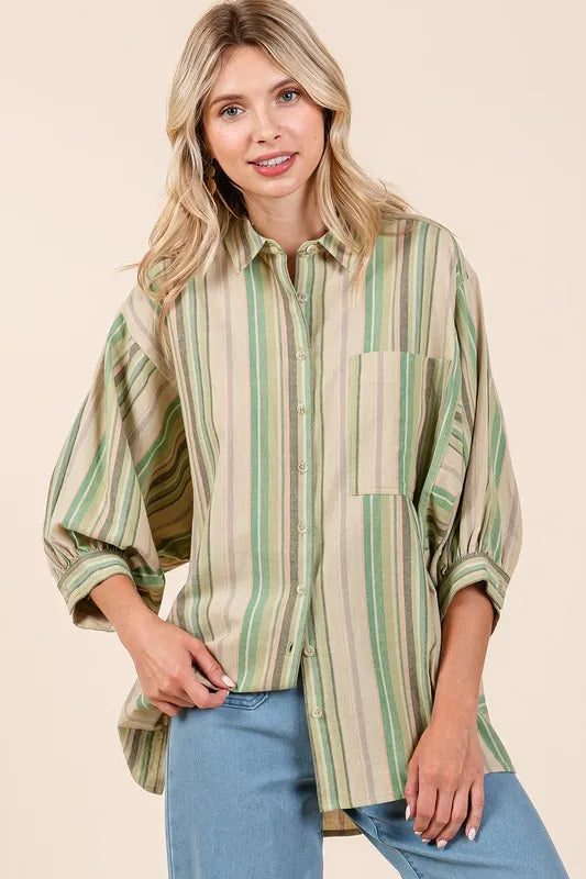 Striped Bubble Sleeve Button Down Shirt 49892315-f68b-4ee1-9446-7580ad13214e-Max