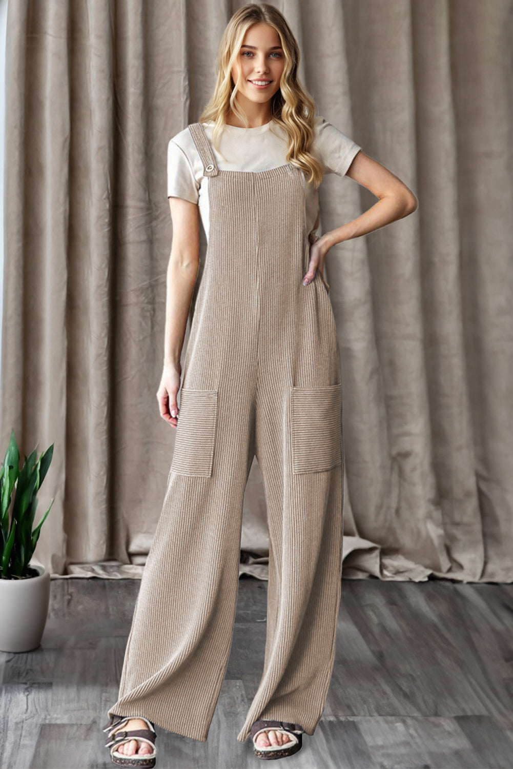 Parchment Ribbed Knit Patched Pocket Wide Leg Overalls 49904be9f8994768