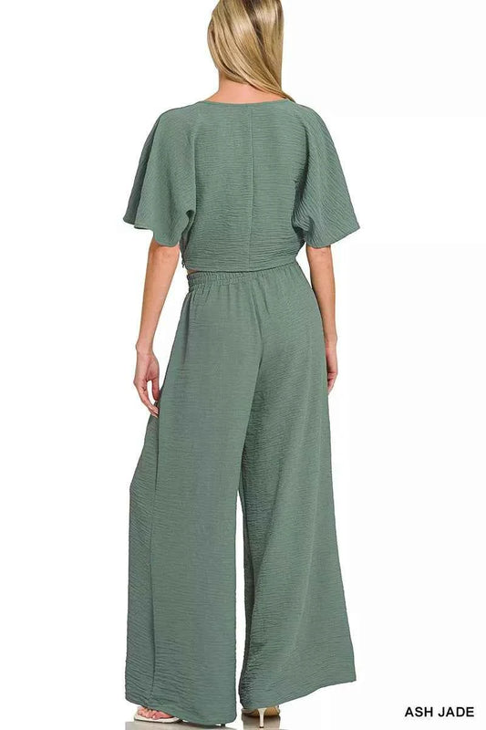 Woven Airflow Twisted Top & Wide Leg Pants Set 49926fed231746be9930d59d6ae7f65a-Max-Origin