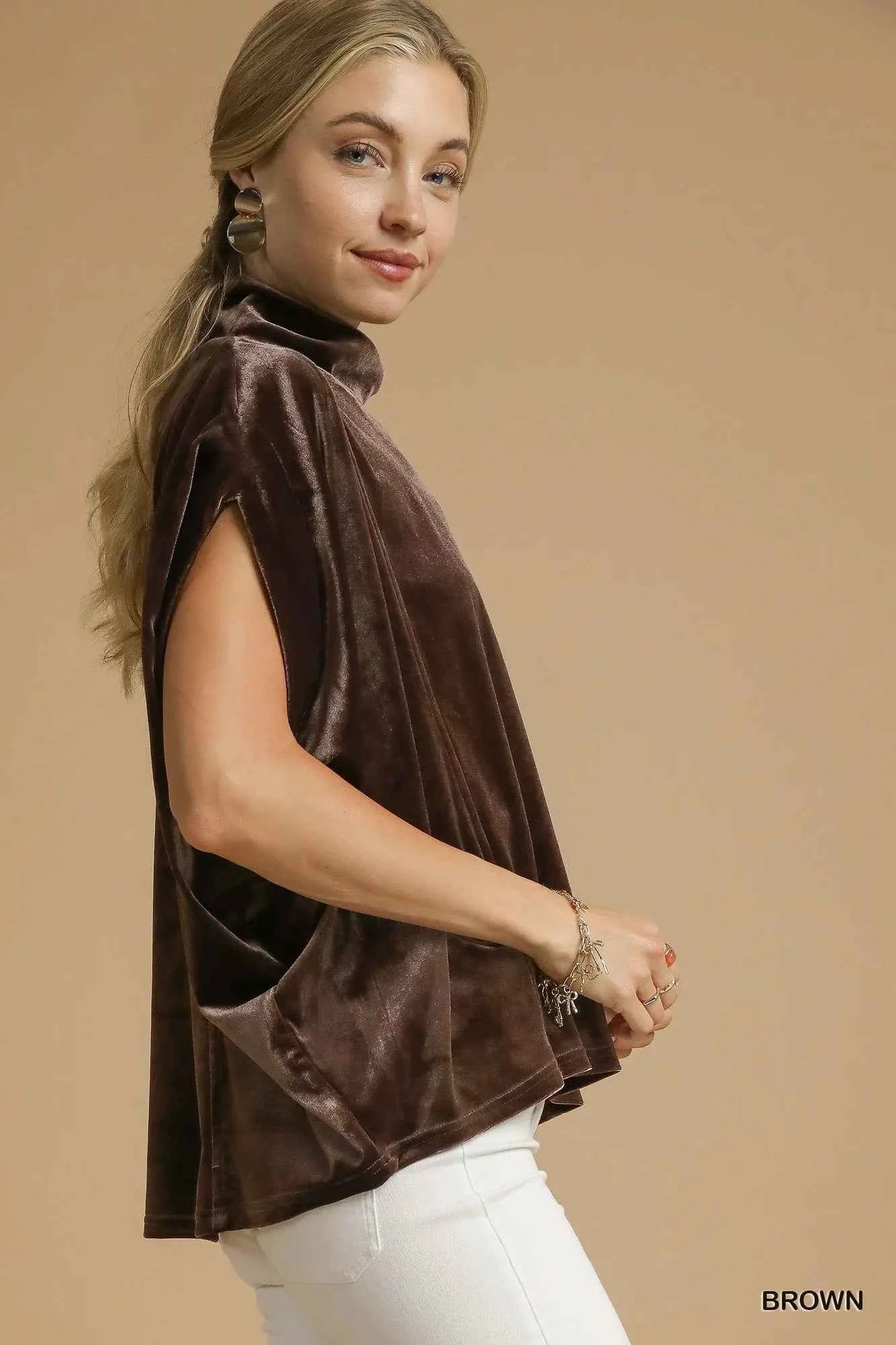 Umgee Velvet Mock Neck Sleeveless Blouse 49965a32-ffb2-474f-b698-49fb828301c4-Max-Origin