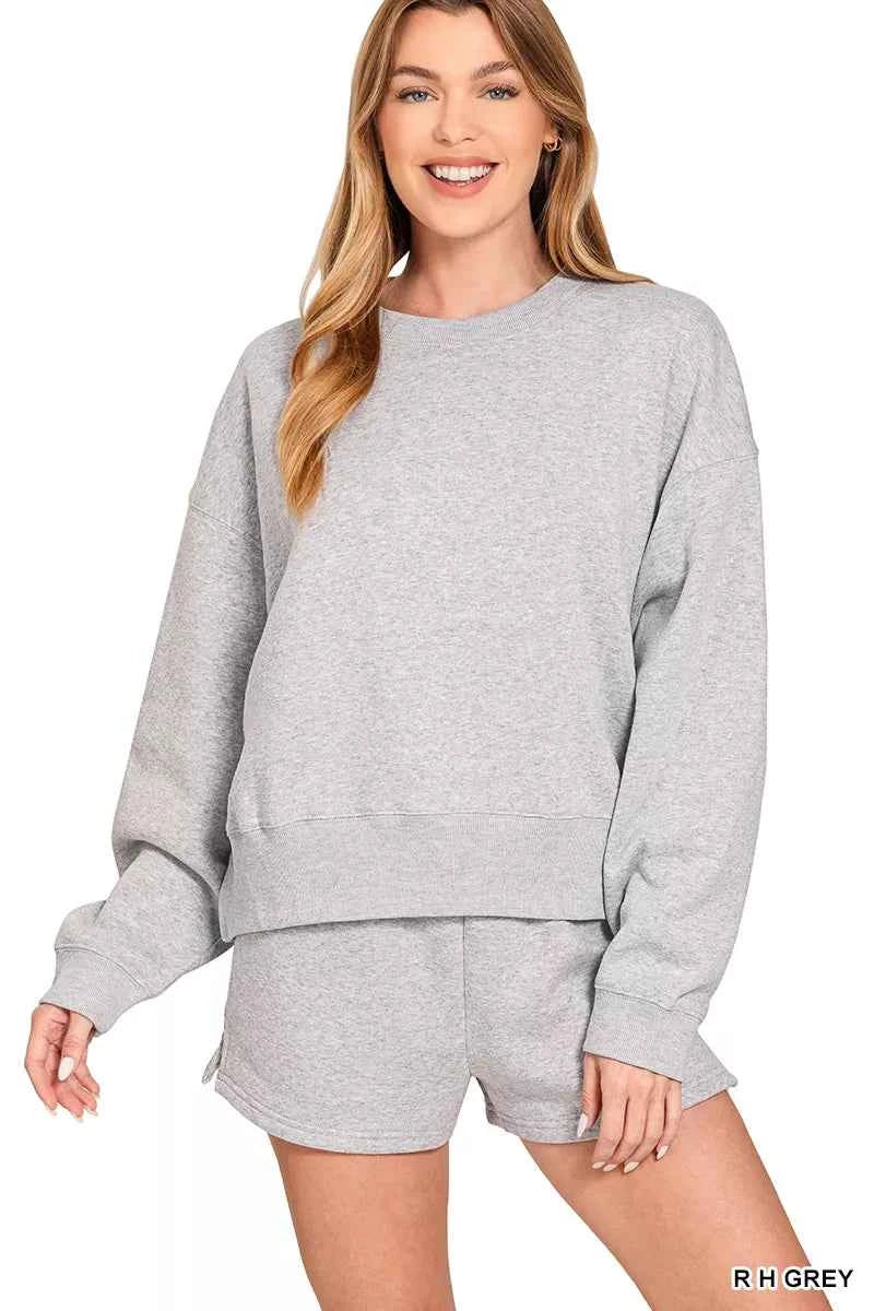 Zenana Fleece Round Neck Sweatshirt and Shorts Set RHGREY 49997edd-1845-4bd3-b8ae-d321863c31a4-Max-Origin