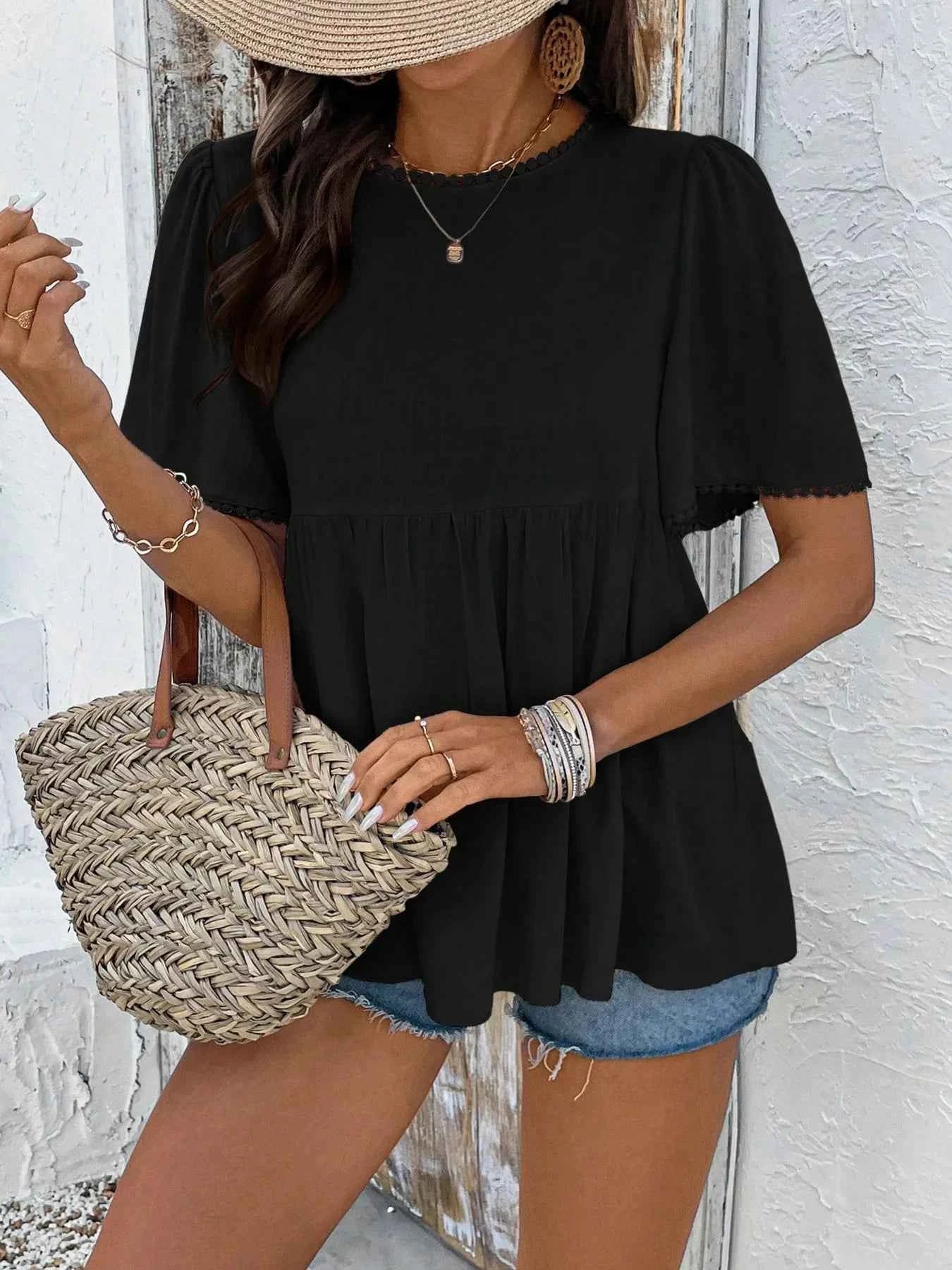 Round Neck Short Sleeve Blouse 499b50de36624f94b900c4366999a52e-Max-Origin