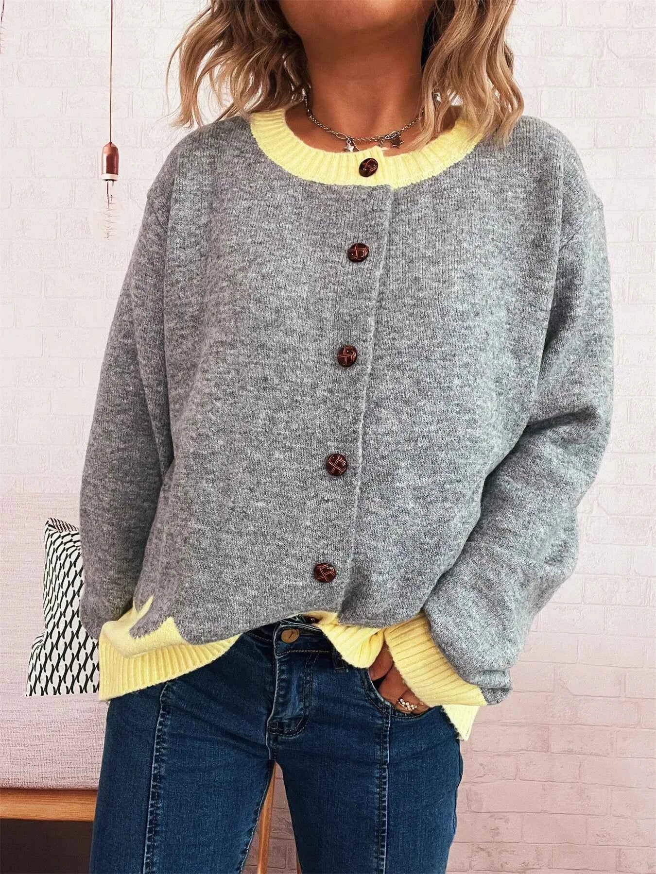 Button-Front Contrast Trim Cardigan Light Gray One Size 499fffa8377d49a59cafb8ce14b9bd73-Max-Origin