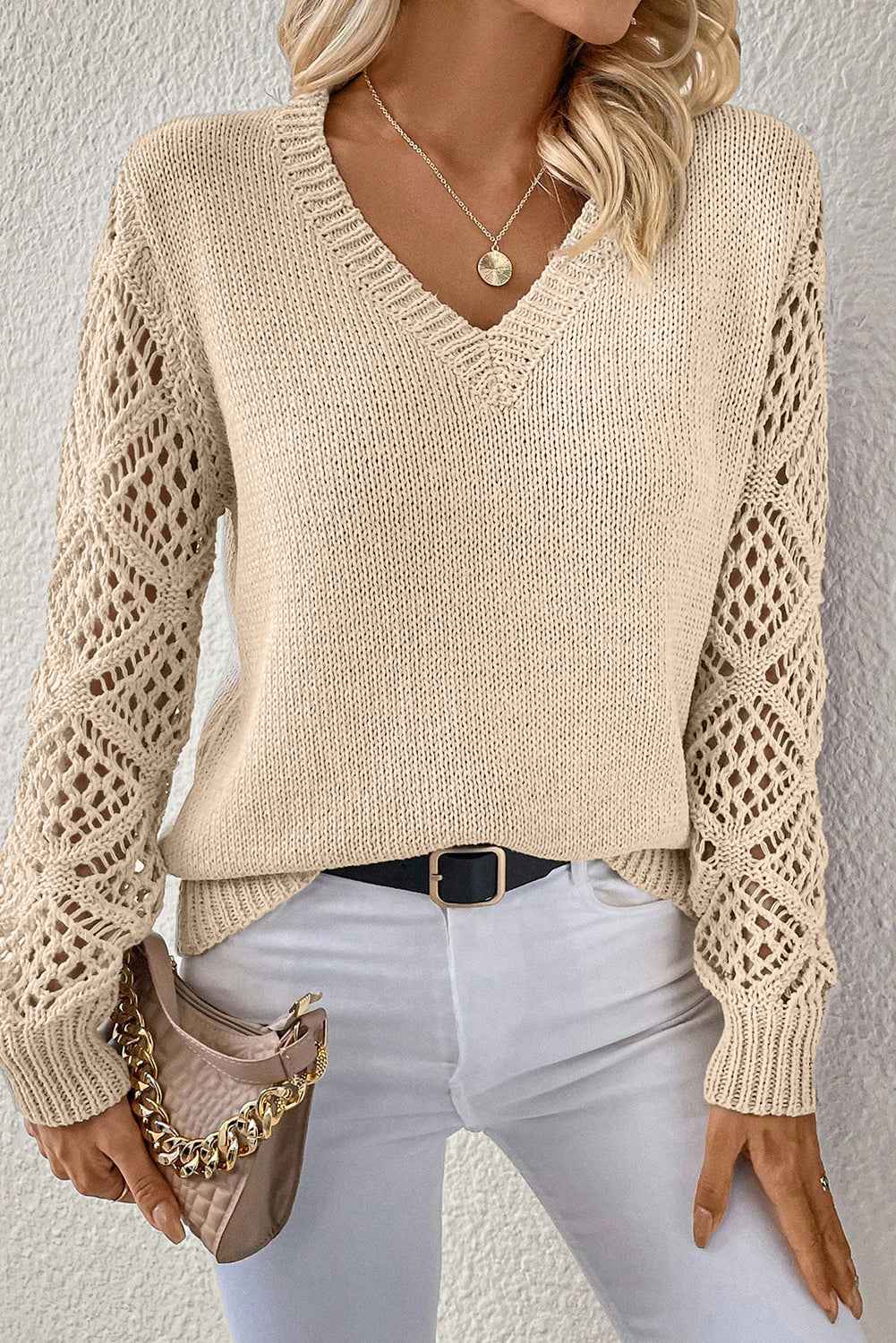 Beau Blue Solid V Neck Pointelle Knit Sleeve Patchwork Sweater Jet Stream 100%Acrylic 49a7dde5c70e714a