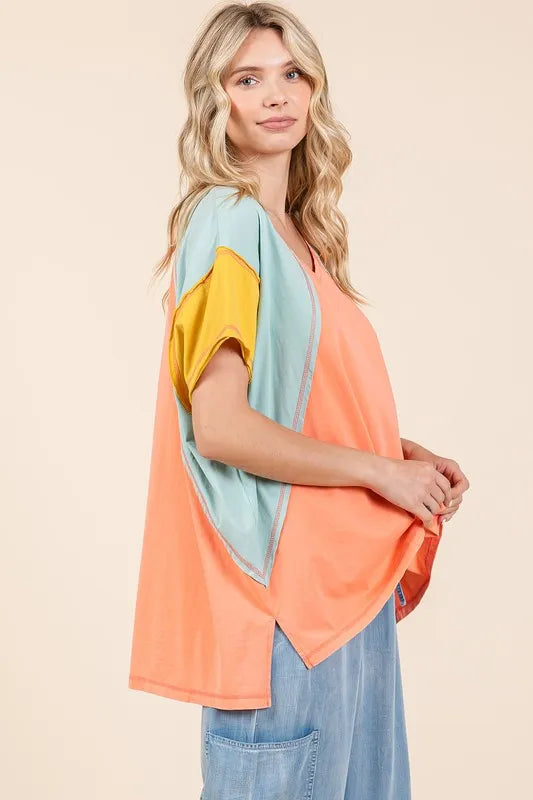 Mittoshop Color Block V-Neck Short Sleeve T-Shirt 49acf901-f341-4223-b27c-bf5209859d89-Max