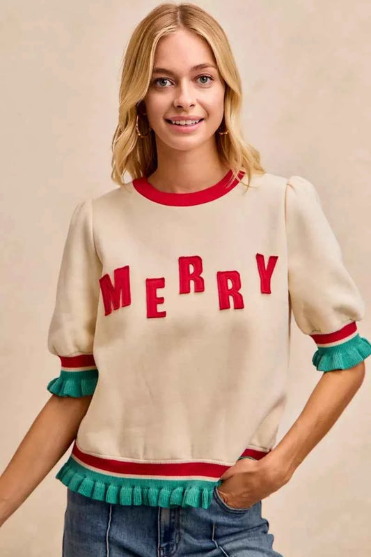 Christmas Merry Letter Patches Contrast Banded Top CREAM RED 49aee1c5048d46d3a115ec0164d11f37-Max-Origin