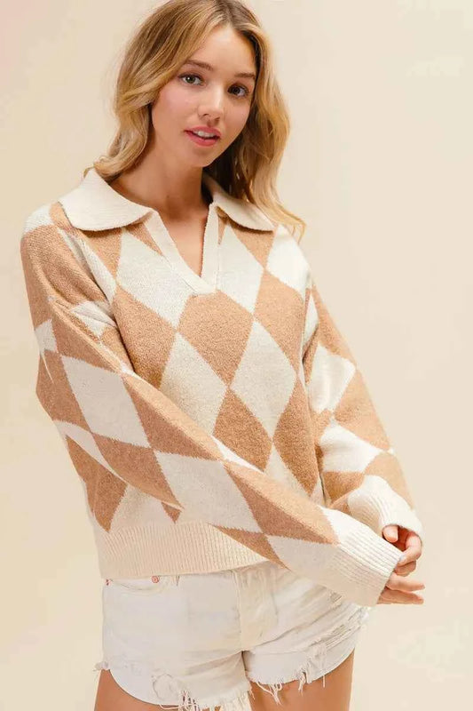 Diamond Pattern Collared Notch Neck Sweater 49af2841978a4d7e9da37a7dcf7003b4-Max-Origin