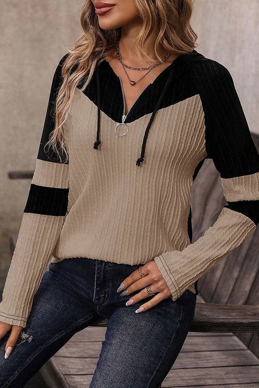 Parchment Textured Patchwork Long Sleeve Hooded Top 49afcd8eacc9e049