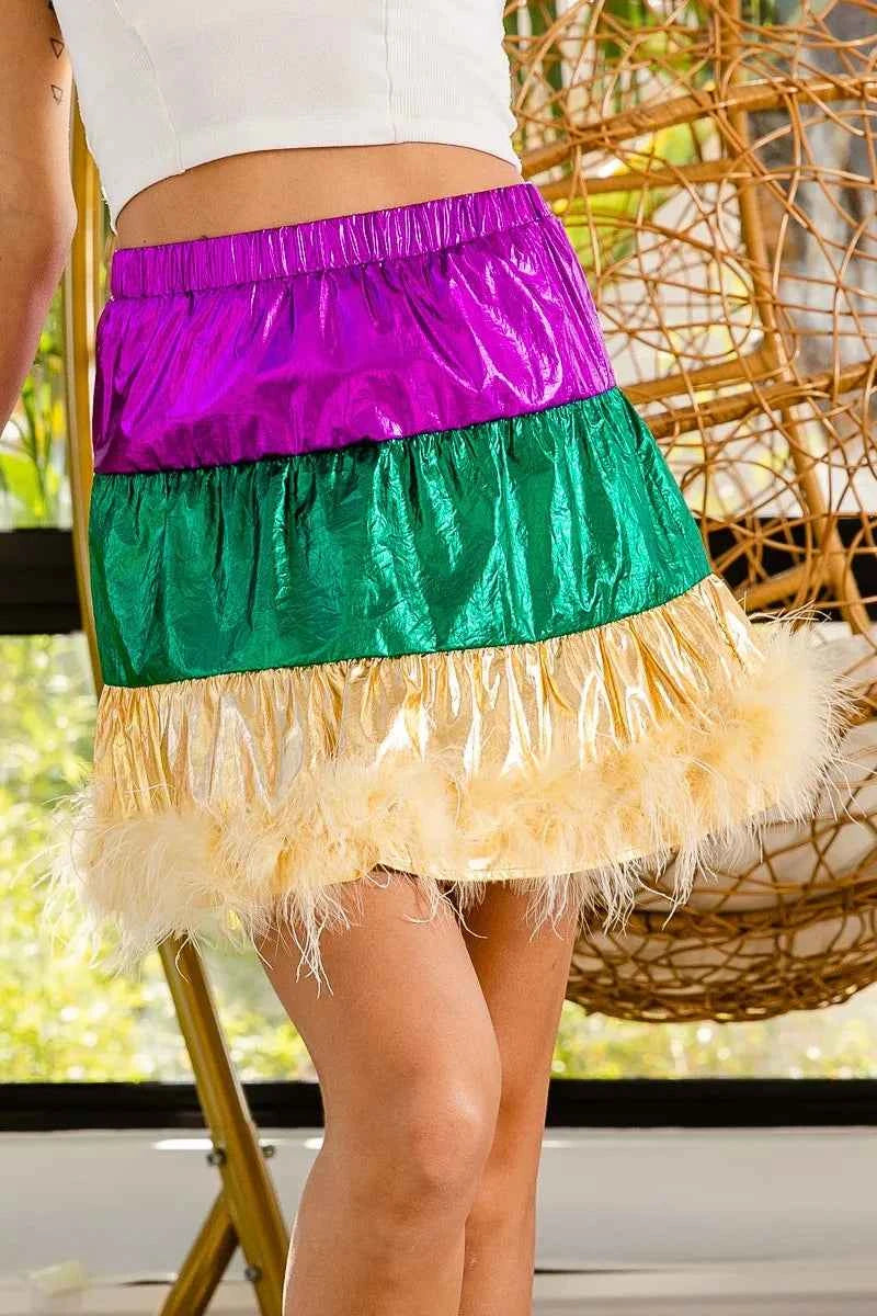 BiBi Faux Feather Hem Mardi Gras Metalic Mini Skirt 49b715e274bb4423a4c3235133eea4df-Max-Origin