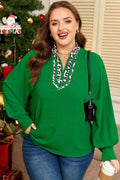 Plus Size Leopard Contrast Trim Puff Sleeve Blouse Green 49b824ff-7db7-46a6-820c-3cf86d99ec1b