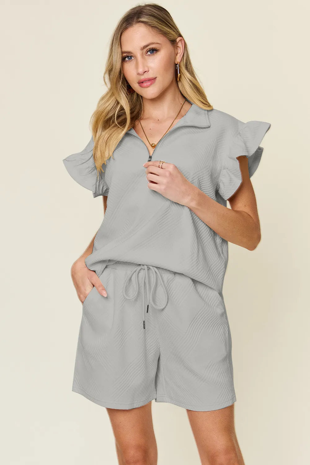 Double Take Full Size Texture Flounce Sleeve Top and Drawstring Shorts Set Light Gray 49bb4e4c-4f44-417a-adfd-9185d6051fad-Max