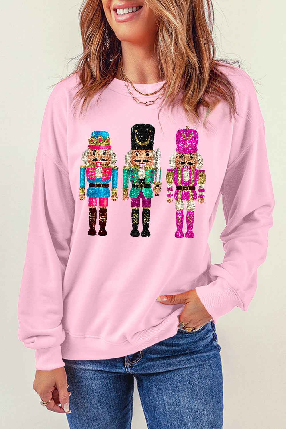 Pink Cute Nutcracker Heat Transfer Printing Graphic Drop Shoulder Christmas Sweatshirt 49bba852b4f69ba4