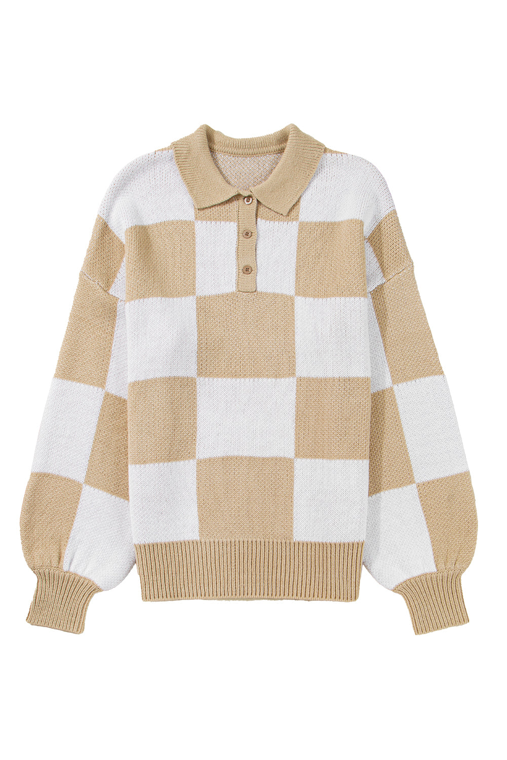 Light French Beige Checkered V-Neck Collared Pullover Sweater 49c00938e8ca5ee3