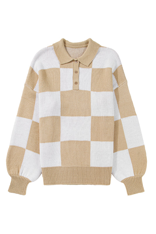 Light French Beige Checkered V-Neck Collared Pullover Sweater 49c00938e8ca5ee3
