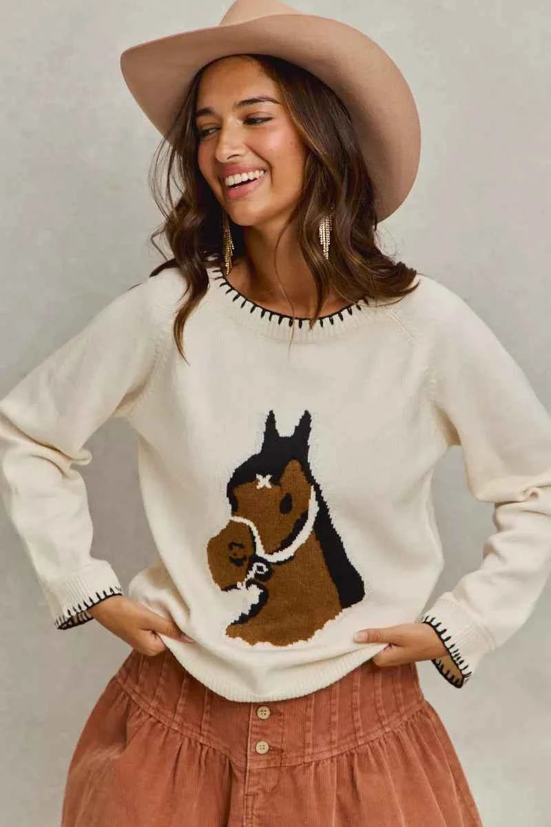 SO ME Horse Knit Sweater Top with Blanket Stitch IVORY 49c0b08335ce40d8b1dd83627e4e5988-Max-Origin