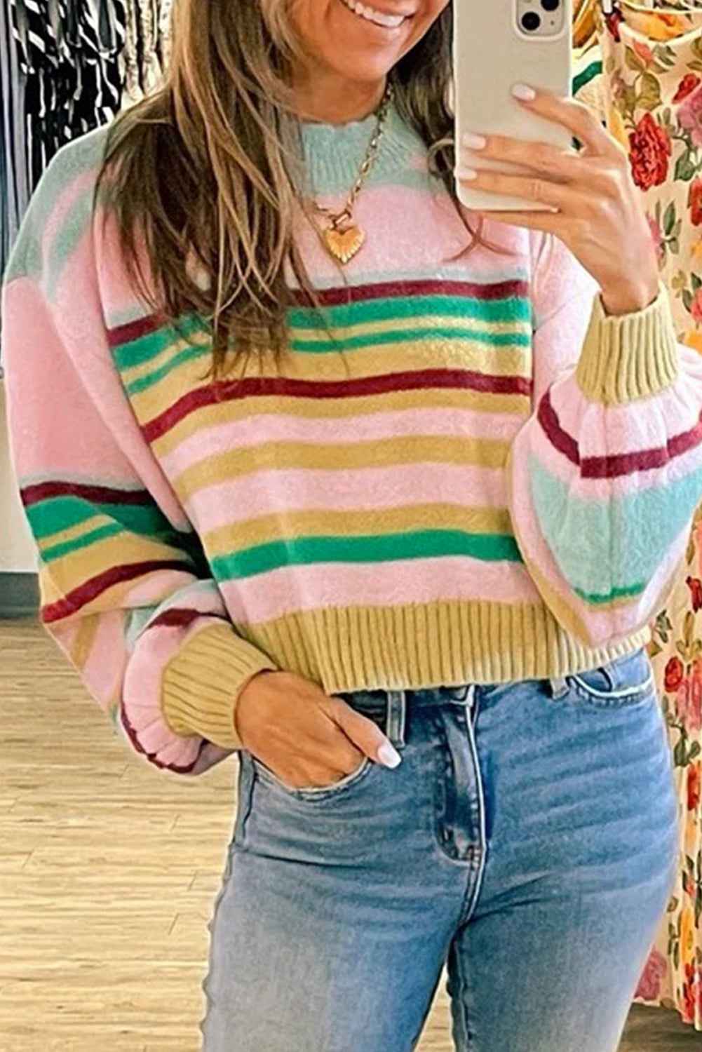 Multicolour Striped Knit Ribbed Trim Boxy Fit Cropped Sweater