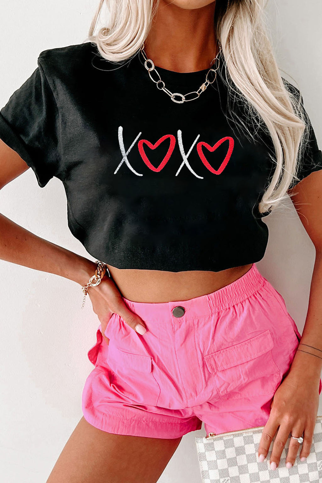 Black XOXO Valentines Heart Embroidered Casual Graphic Tee 49c87b7b8c5b0a05