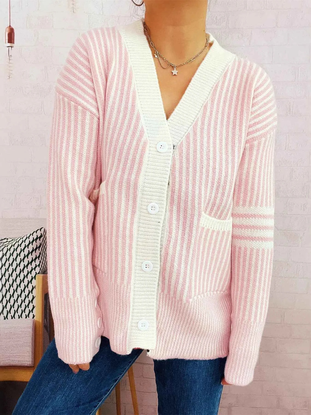 Striped Button-Front Cardigan with Contrast Trim 49cb8d9de6fc47f28049476a3b4272c0-Max-Origin